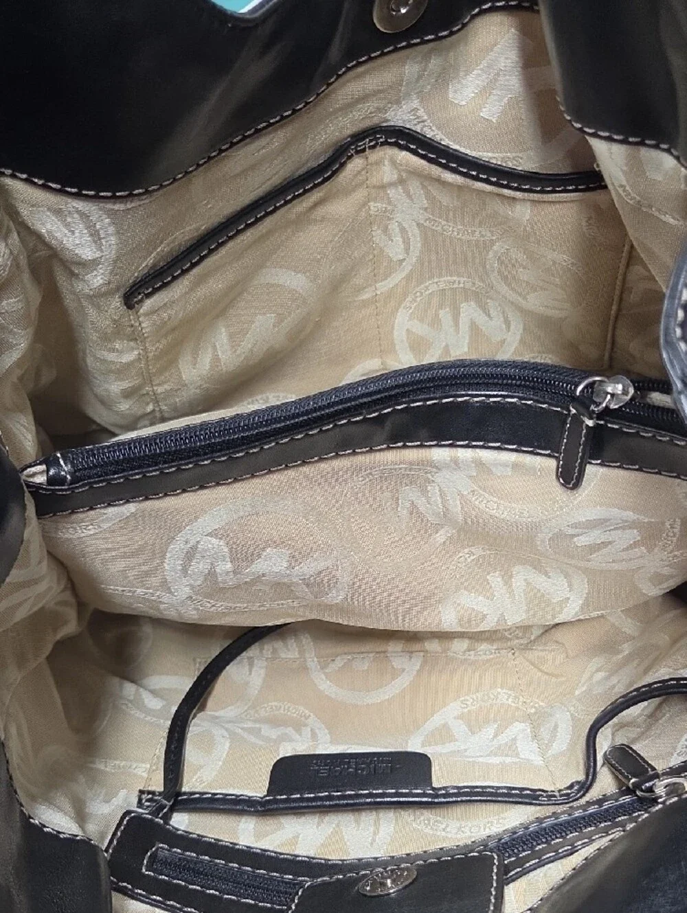 Michael Kors Black Leather Shoulder Bag with MK Charm and Stud Accents